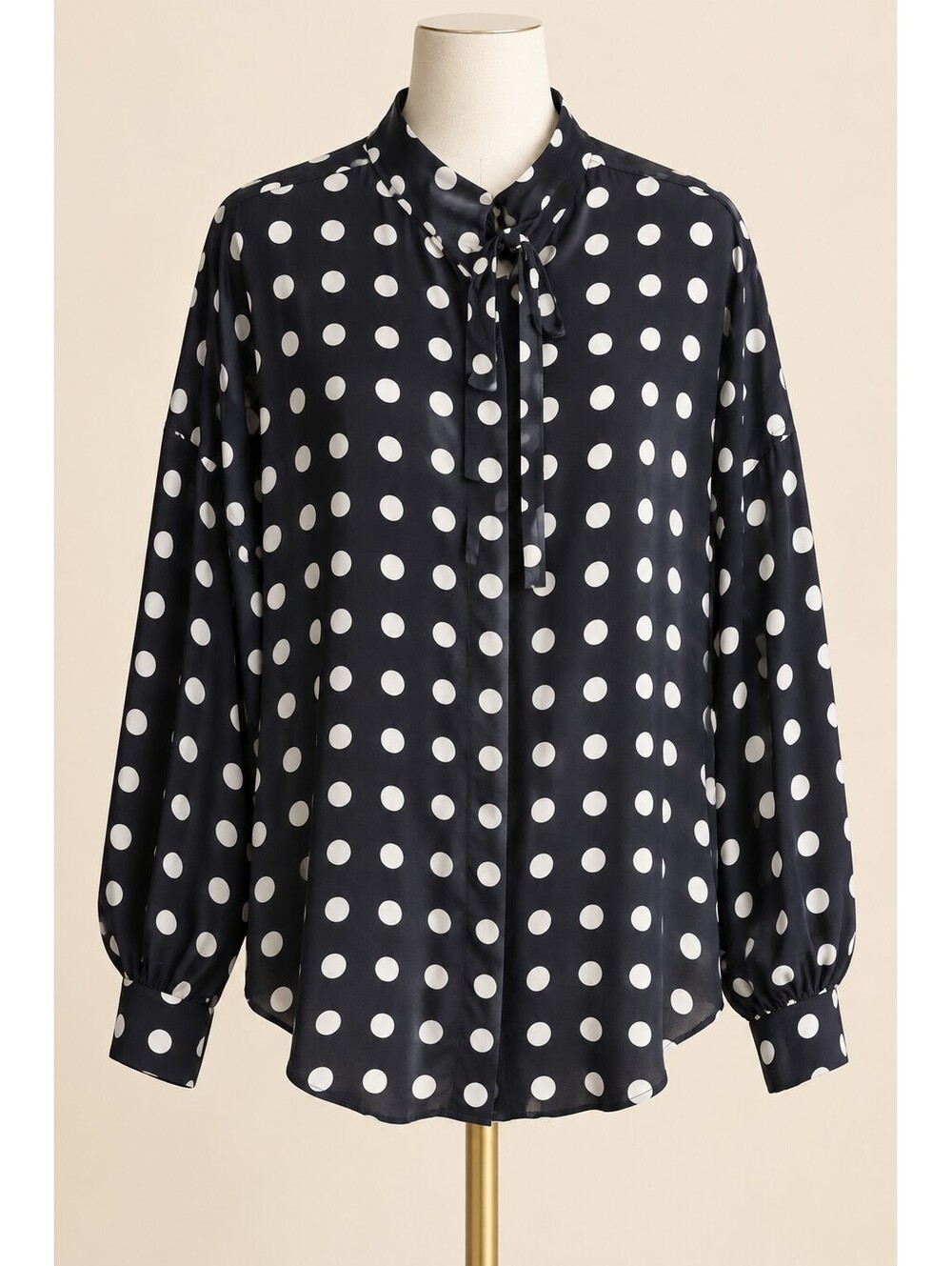 Equipment Femme Women’s XL Silk Polka Dot Tie-Neck Blouse navy White